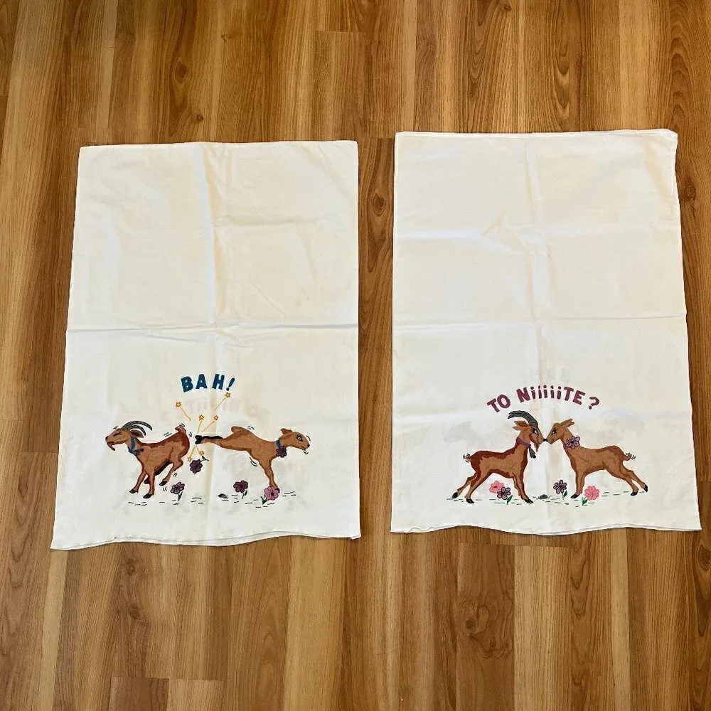Vintage Hand Painted Set of 2 Pillow Cases W/Billy Goats